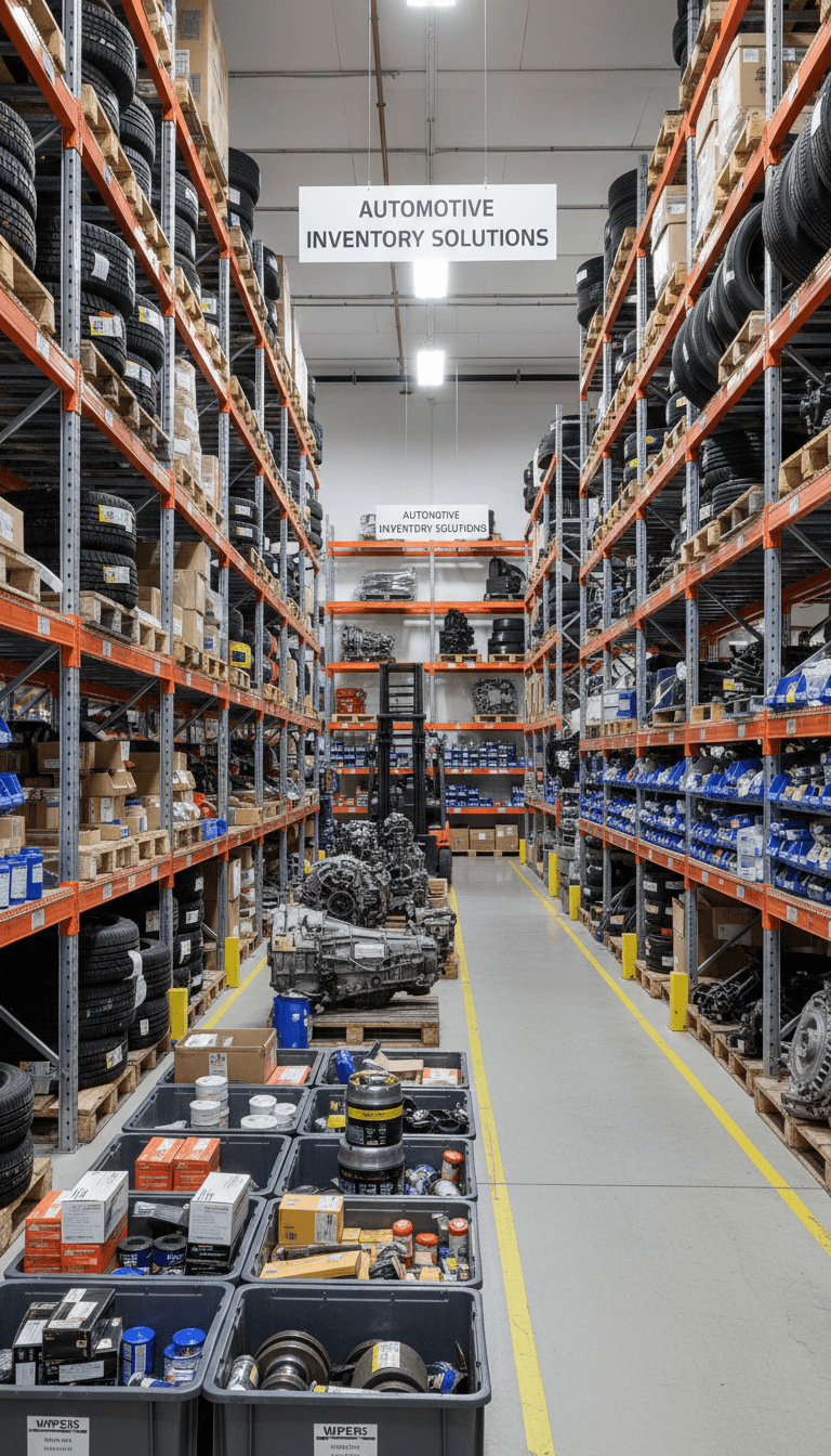 organized automotive parts storage shelves with various vehicle components and supplies