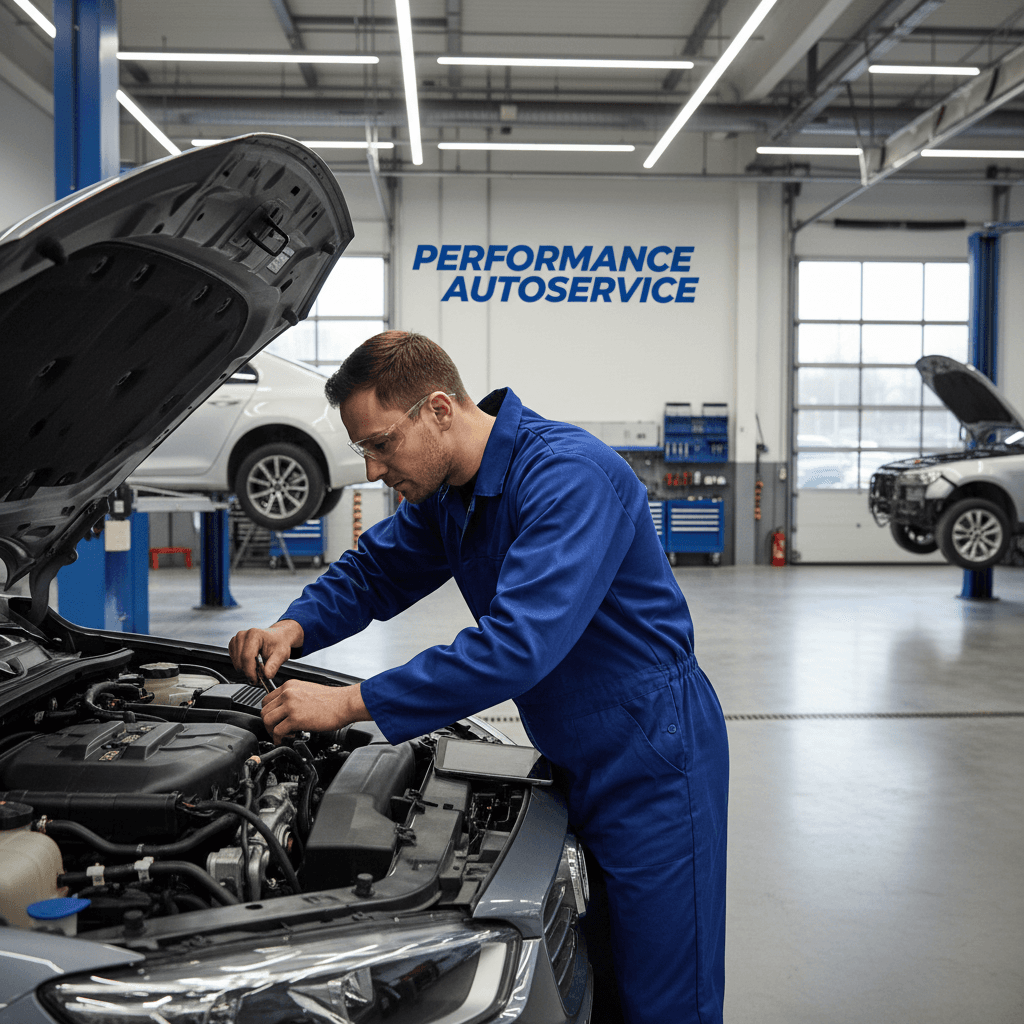 Mechaniker arbeitet an Fahrzeugmotor in der Werkstatt