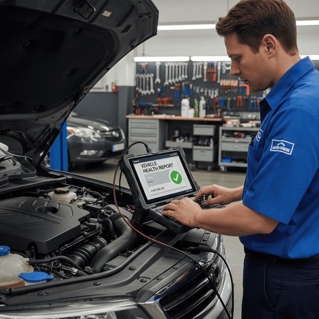Techniker bei der Fahzeugdiagnose mit moderner Ausrüstung