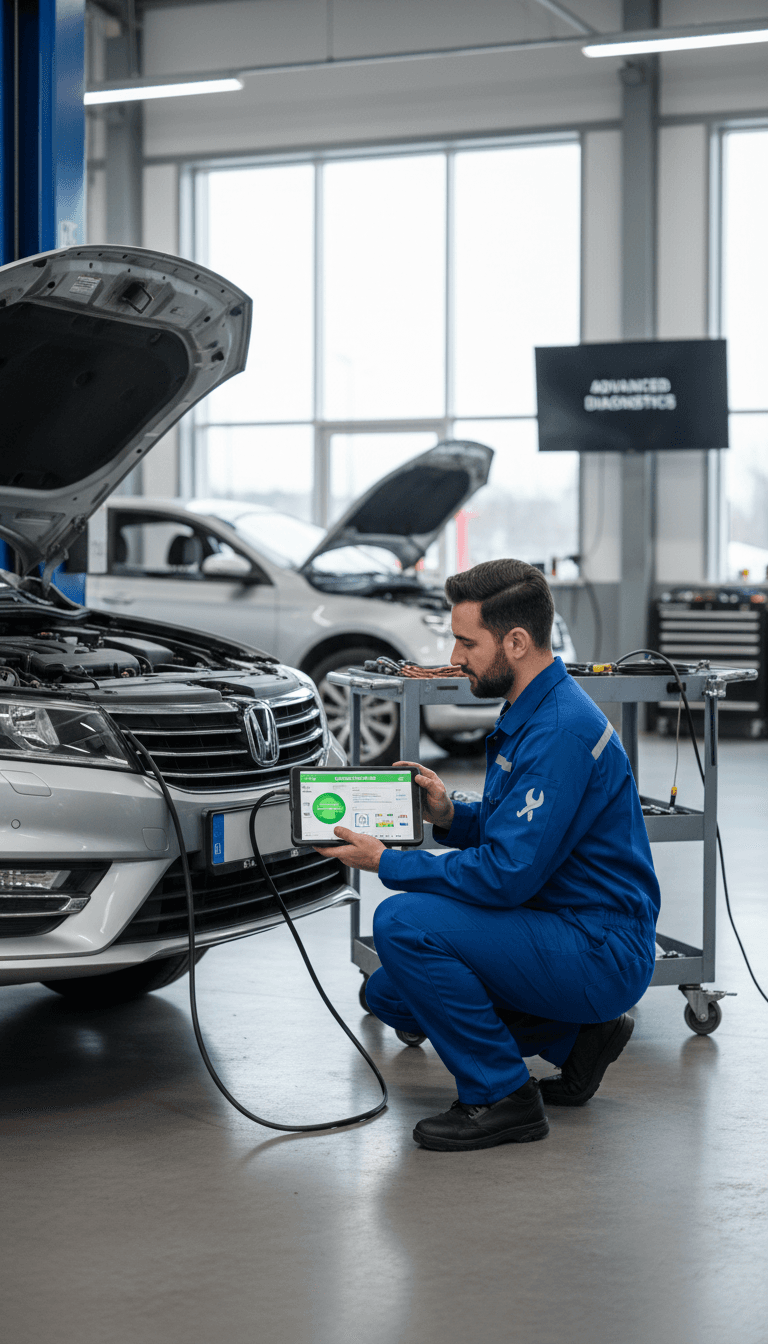 Automotive technician performing vehicle inspection with diagnostic equipment in bright workshop