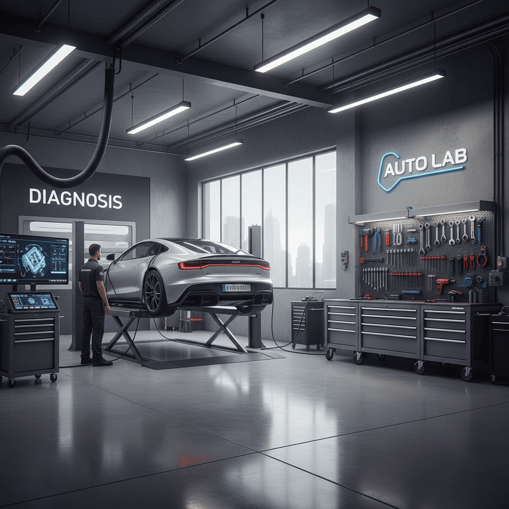 Moderne Werkstatt mit Diagnose- und Wartungsbereich