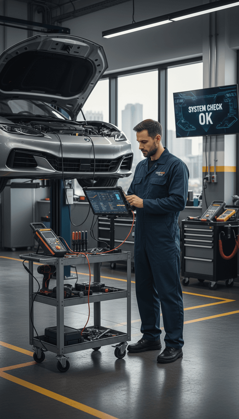 Fachmann in der KFZ-Werkstatt mit modernem Diagnosegerät
