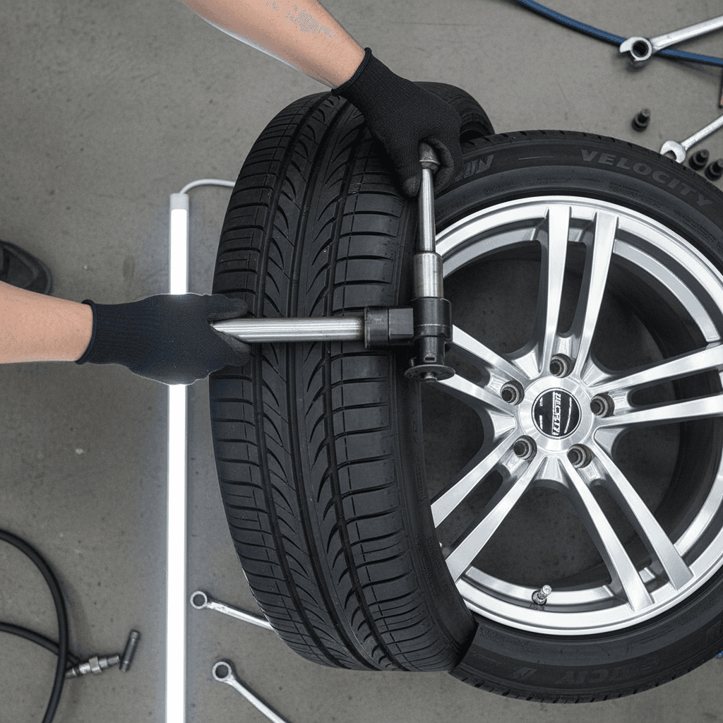 Technician's hands installing premium tire onto wheel rim using pneumatic equipment in professional garage