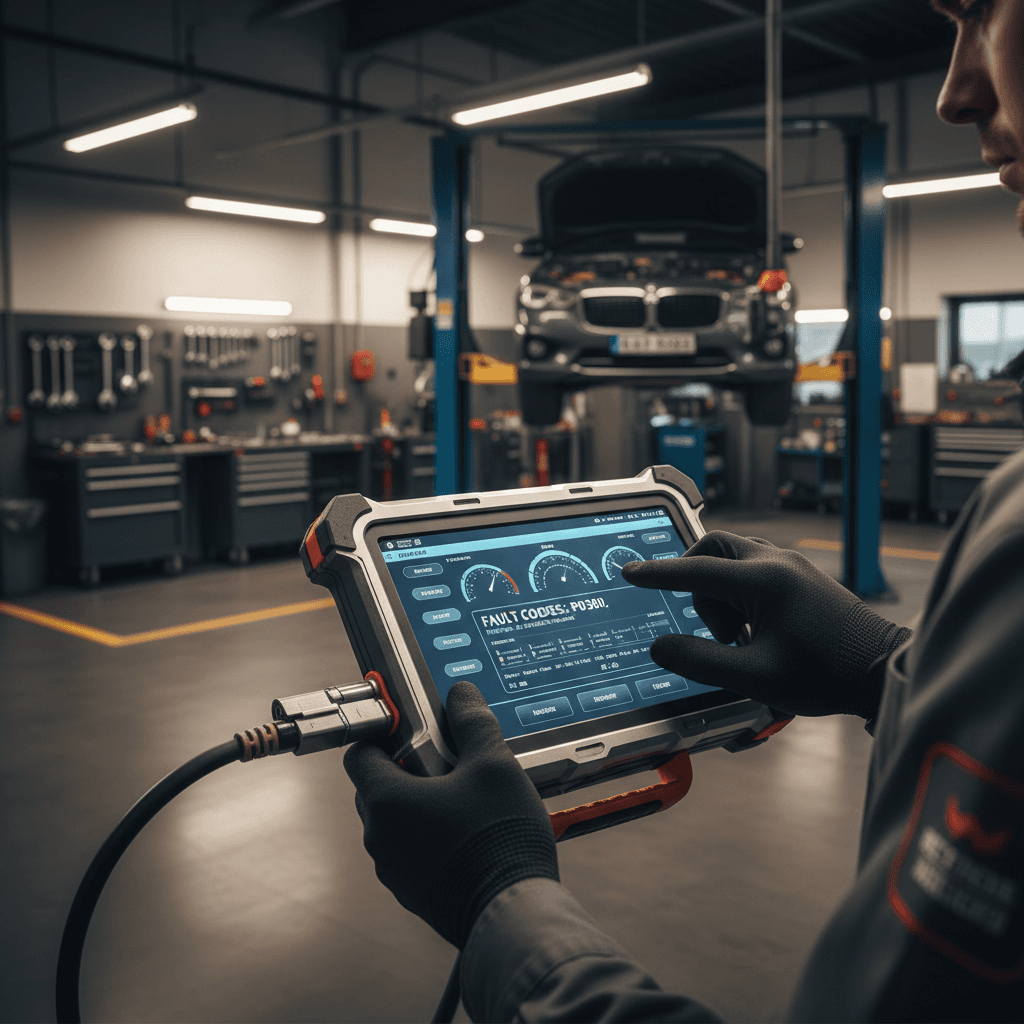 Mechanic's hands operating diagnostic scanner displaying fault codes on vehicle in repair shop bay