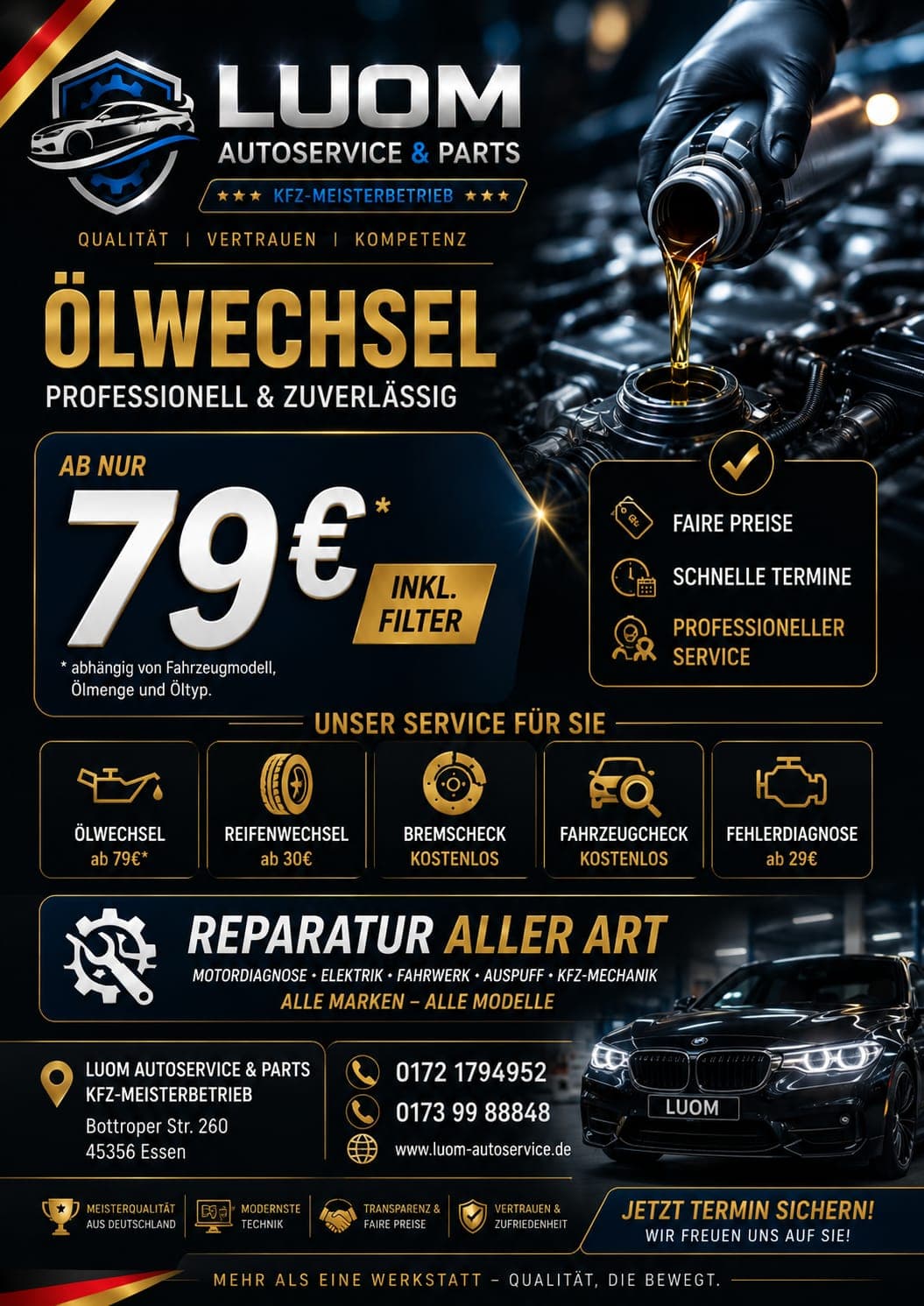 Werbeanzeige für LUOM Autoservice in Essen zeigt Ölwechsel-Angebot ab 79 Euro und diverse Kfz-Reparaturleistungen.