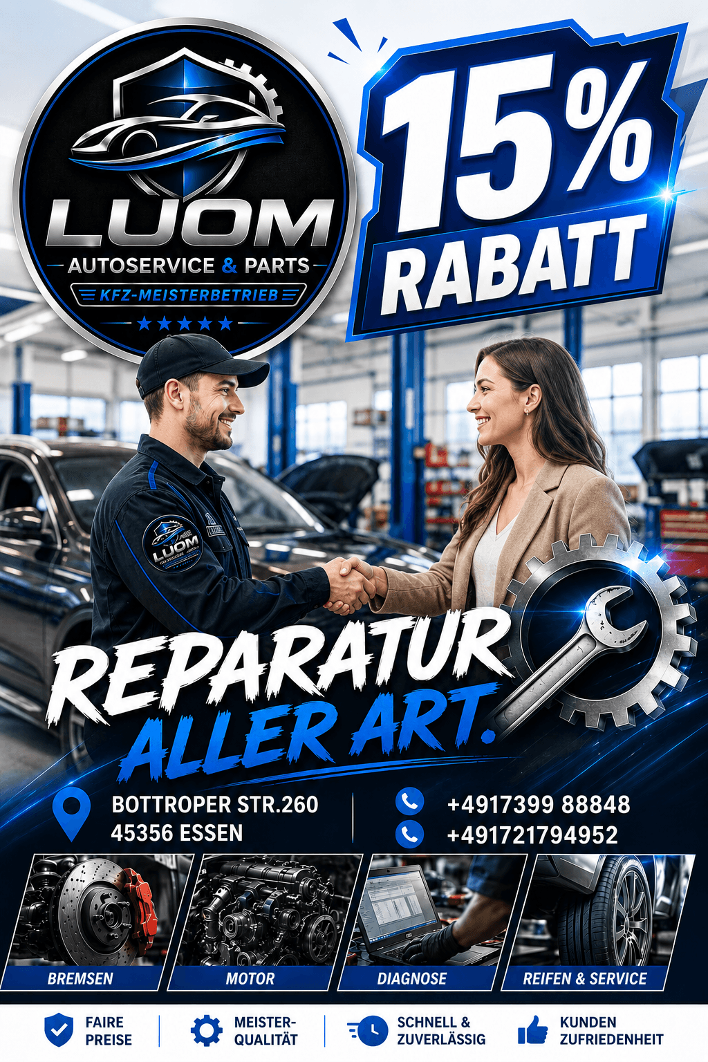 LUOM Autoservice Werbung mit 15 Prozent Rabatt zeigt Mechaniker und Kundin beim Händeschütteln in Werkstatt.