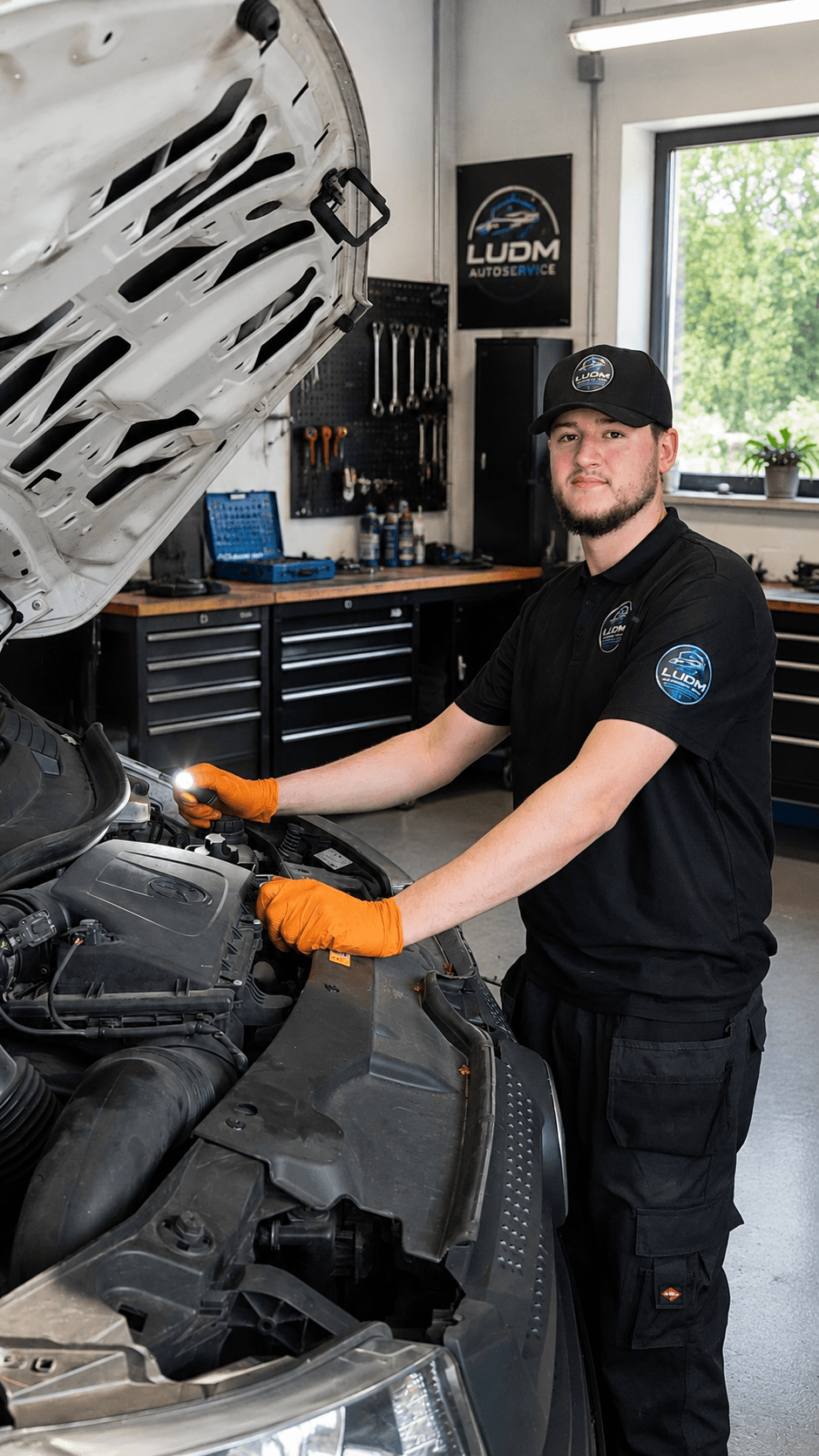 Junger Mechaniker in schwarzer Arbeitskleidung und orangefarbenen Handschuhen inspiziert einen Automotor in einer Werkstatt.