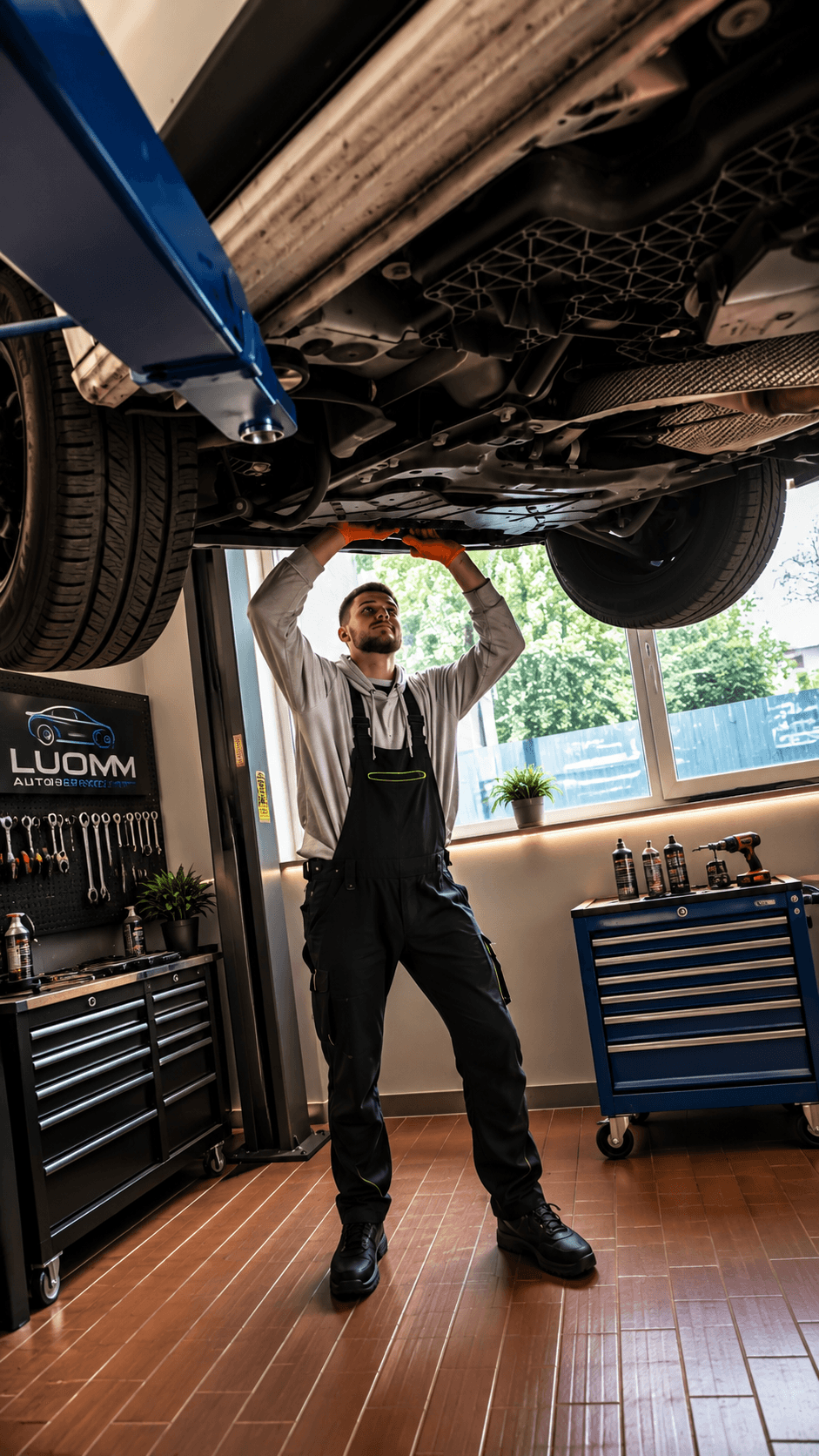 Mechaniker in einer Werkstatt arbeitet an der Unterseite eines Autos auf einer hydraulischen Hebebühne.