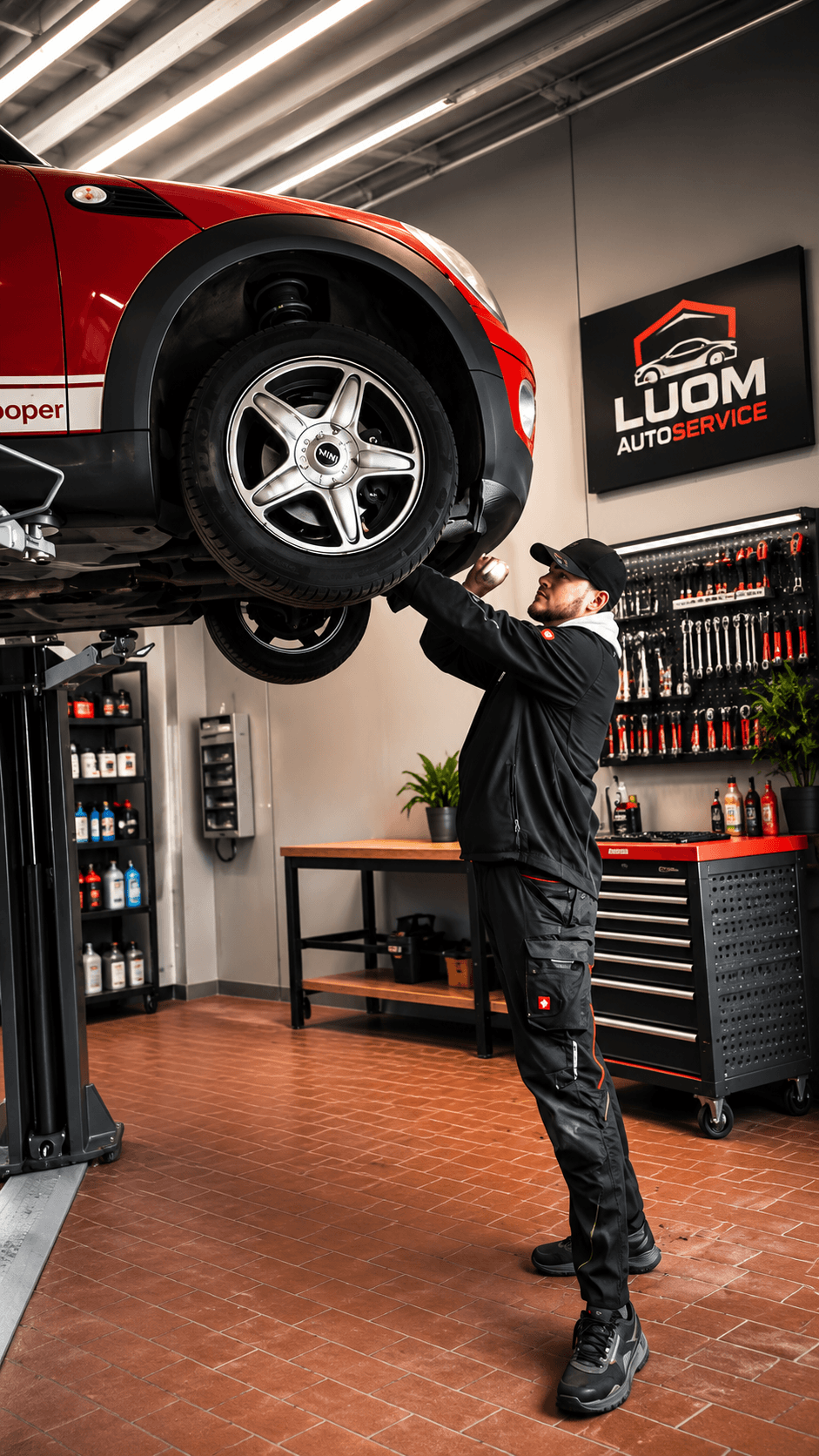 Ein Mechaniker inspiziert einen roten Mini Cooper auf einer Hebebühne in einer professionellen Kfz-Werkstatt.
