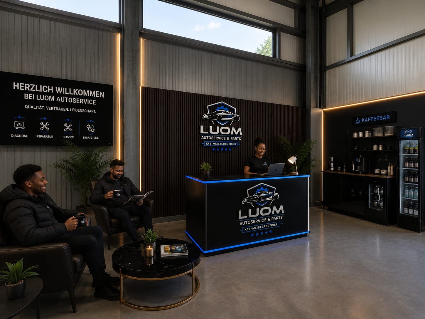Moderner Empfangsbereich von Luom Autoservice mit Kunden in Ledersesseln, Rezeptionistin und einer stilvollen Kaffeebar.