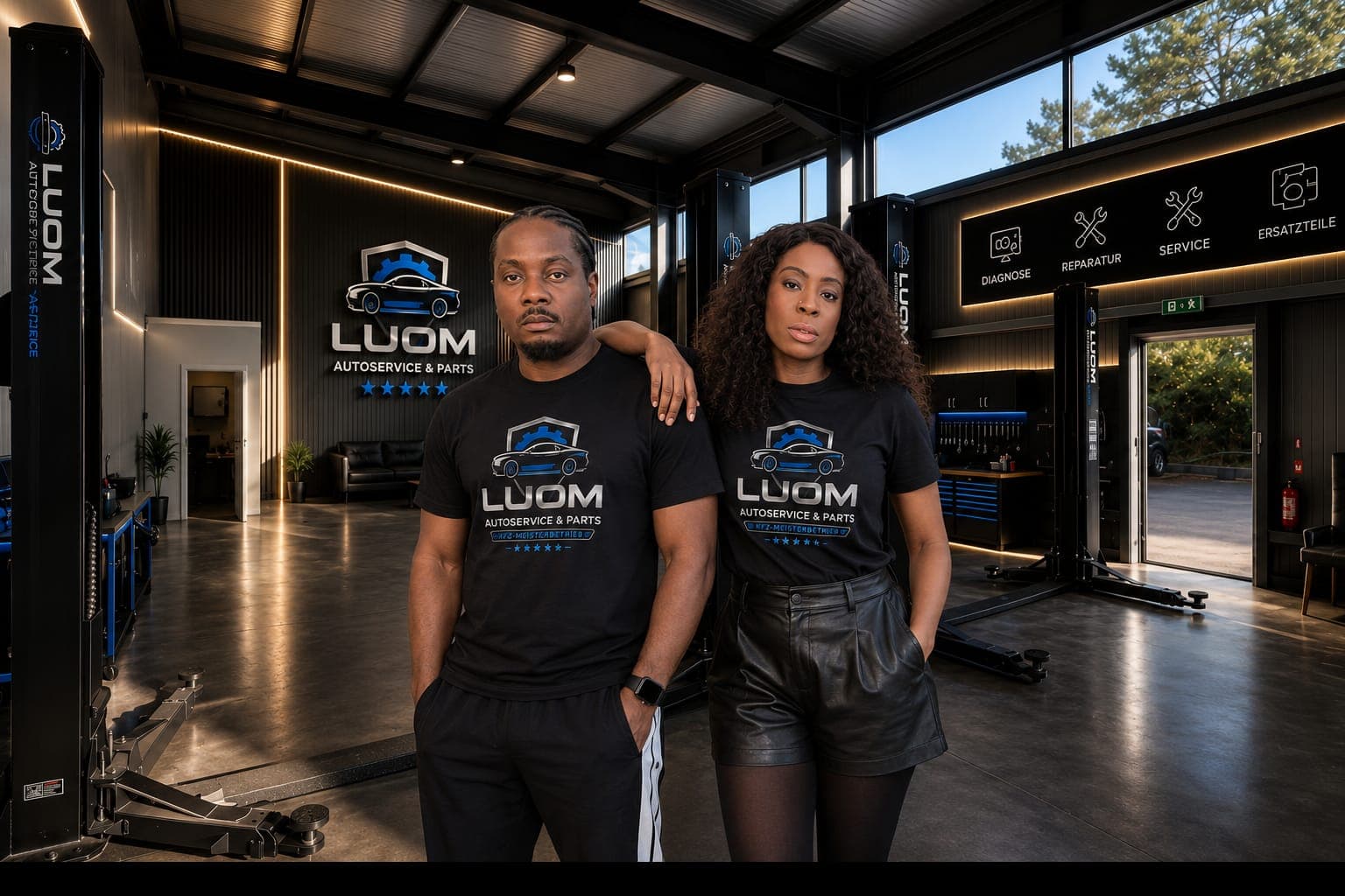 Ein Paar in LUOM-T-Shirts posiert selbstbewusst in einer modernen, sauberen Autowerkstatt mit professioneller Ausstattung.